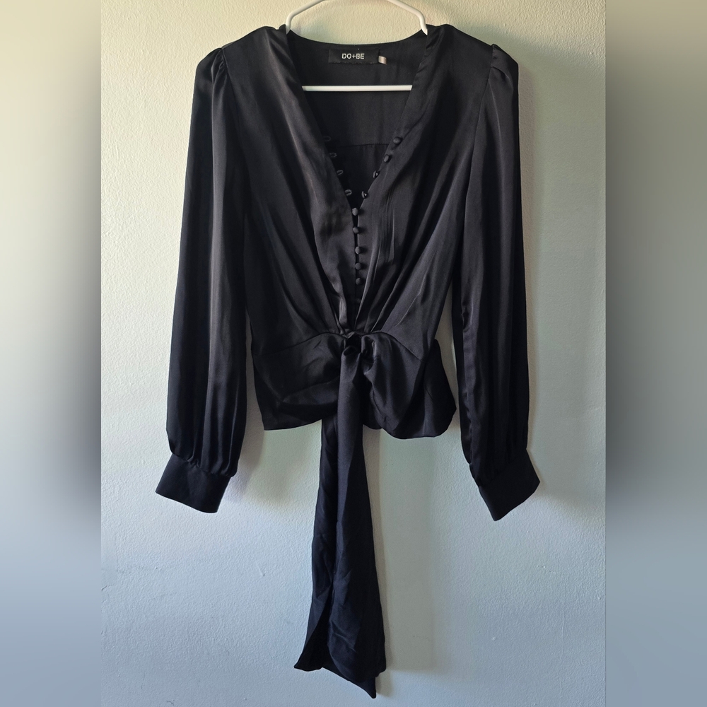 DO+BE Black Satin Tie-Front Blouse with Covered Buttons